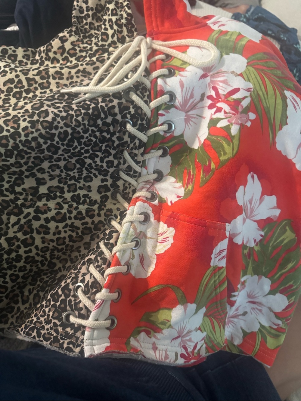 Mixed Print Lace-Up Pullover - Leopard & Red Floral - Picture 3 of 3